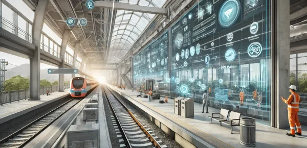 DALL·E 2024-07-23 15.55.34 - A futuristic railway station with advanced safety measures implemented. Highlight AIoT devices and connectivity, with smart sensors monitoring the tra